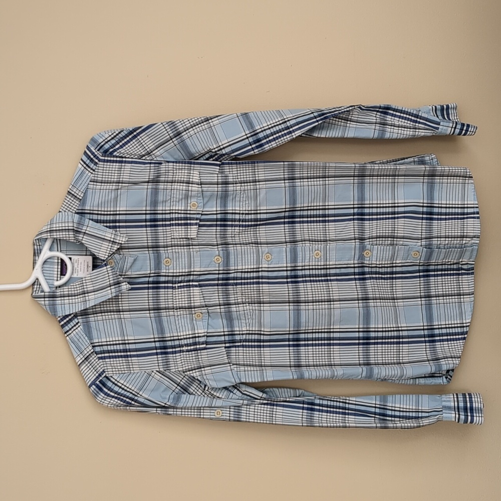 Patagonia Women's 4 Blue Plaid Button Up Shirt Roll Tab Sleeves Top
